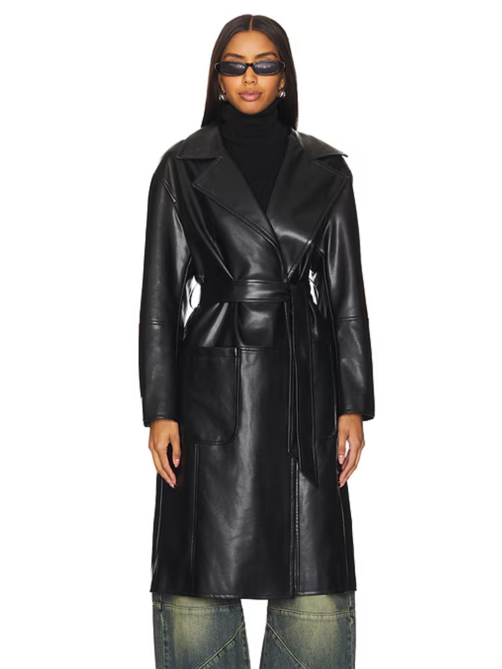 All the Ways Claire Sleek Black Faux-Leather Tie-Waist Trench Coat NWT